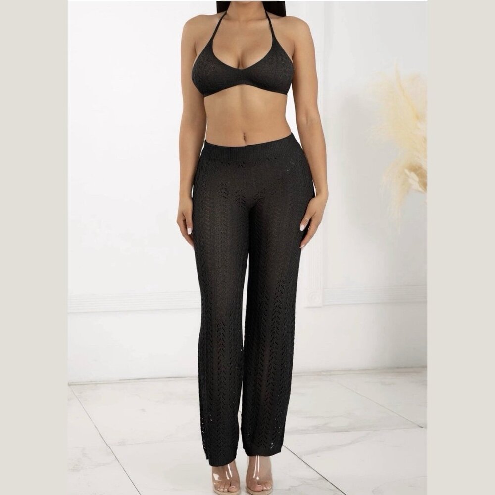 Women Outfits Two-Piece Crochet Halter Top-Trousers Black Size M Stretch Hollow